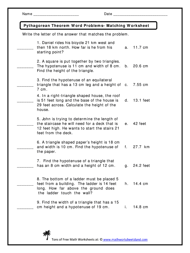 Pythagorean Theorem Word Problems Worksheet With Answers Pdf