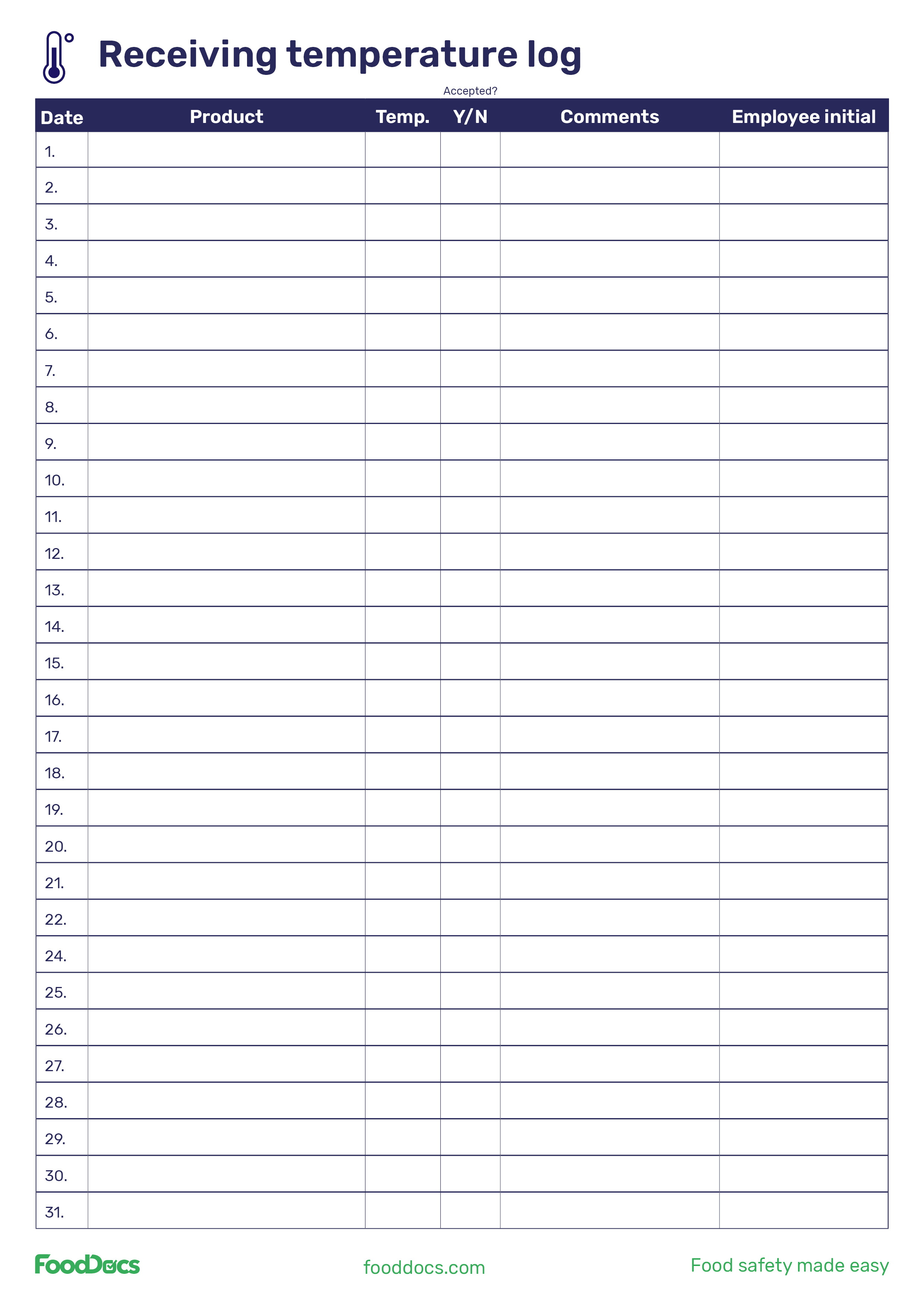 Receiving Temperature Log Download Free Template