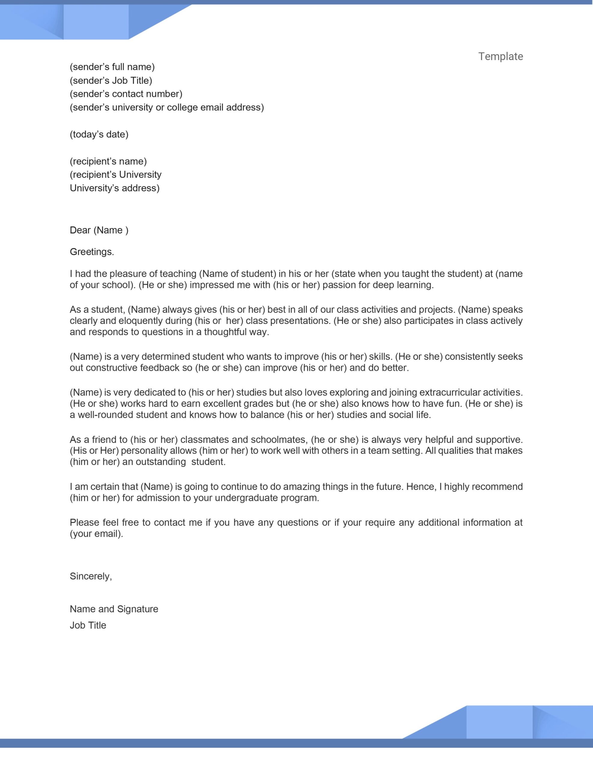 Recommendation Letter For Student From Teacher