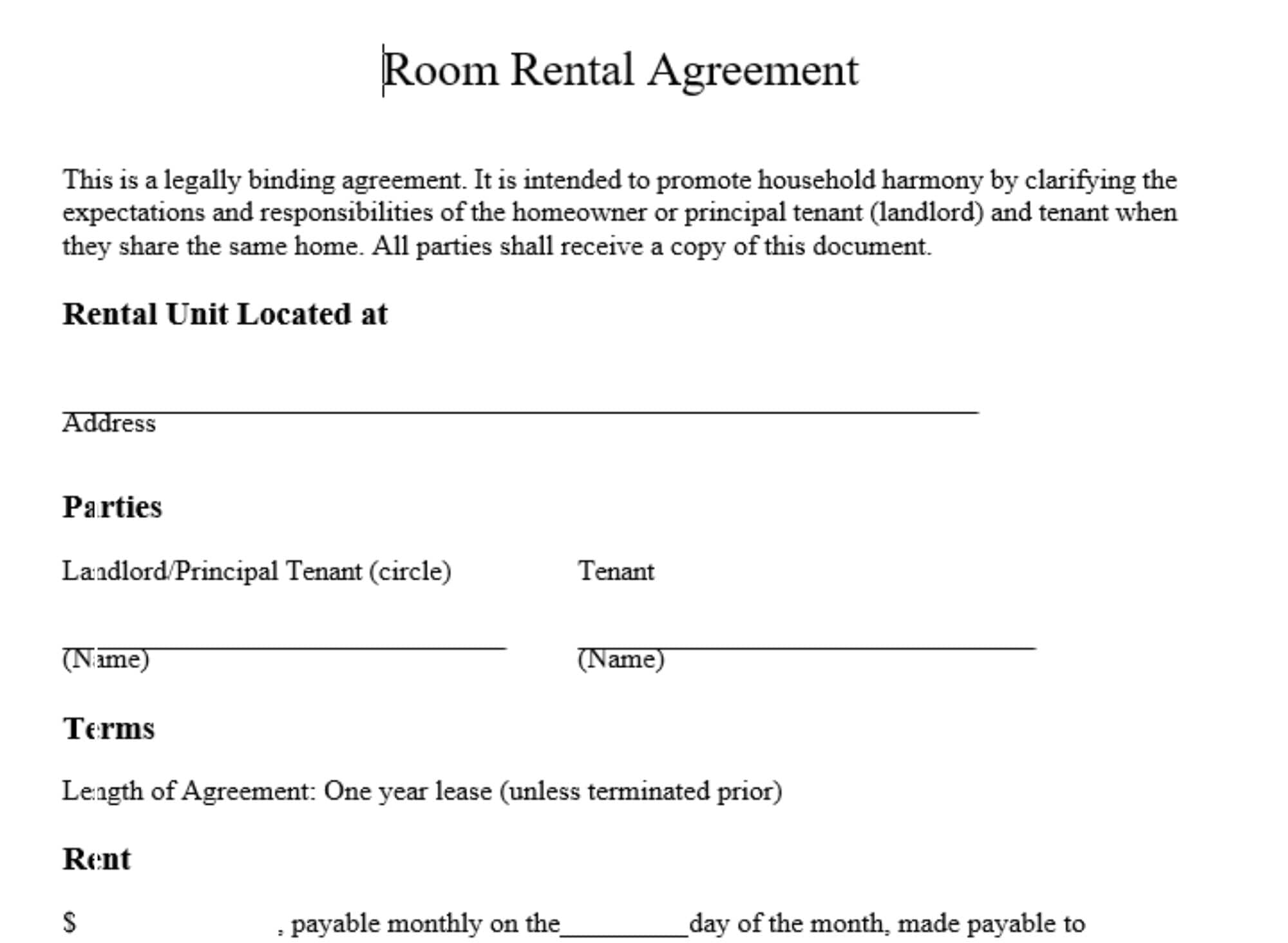 Room Rental Agreement Editable Rental Agreement Simple Lease Contract Rental Forms Landlord Forms Rental Contract Etsy