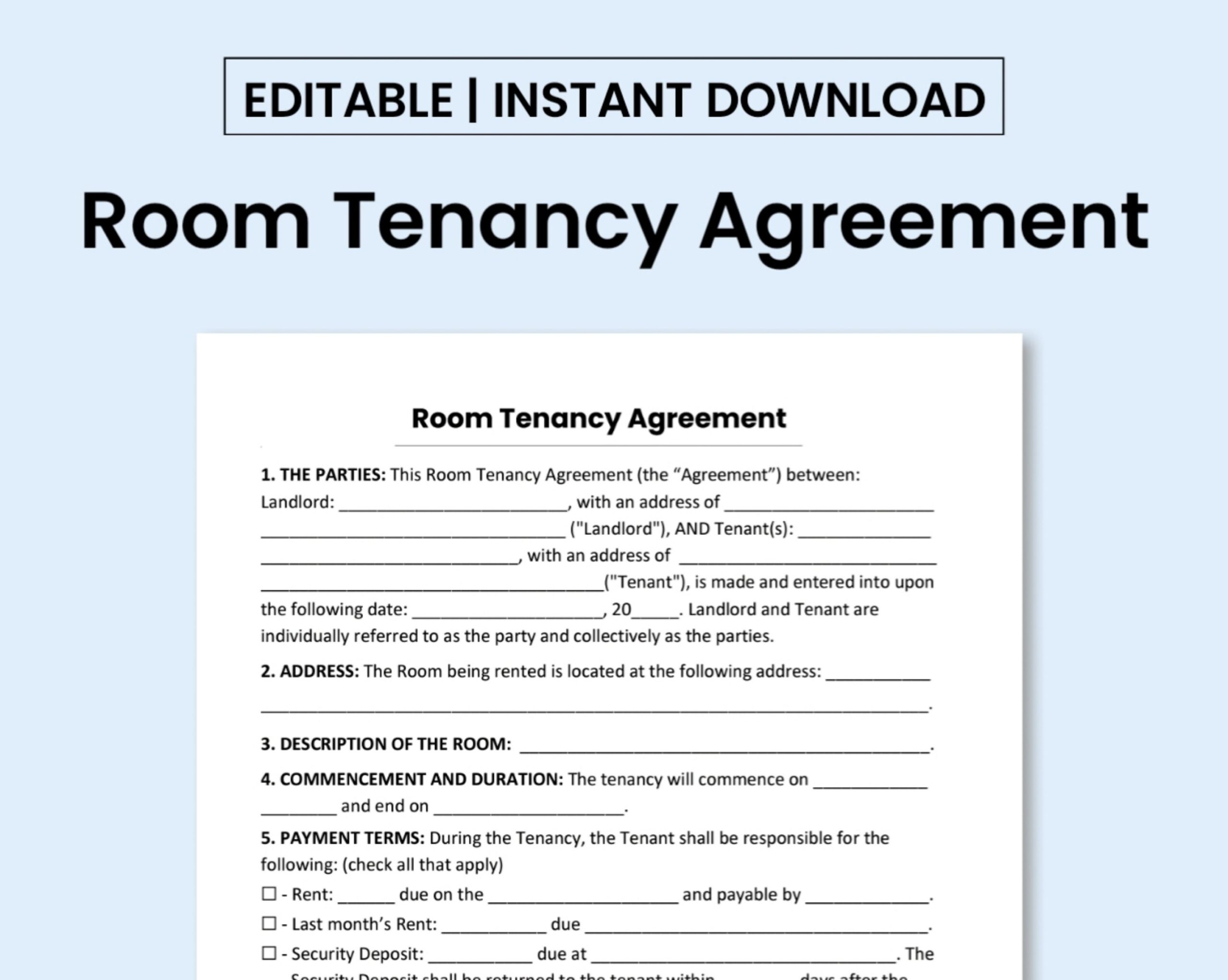 Room Tenancy Agreement Template PDF Form Word Document Printable And Editable Etsy