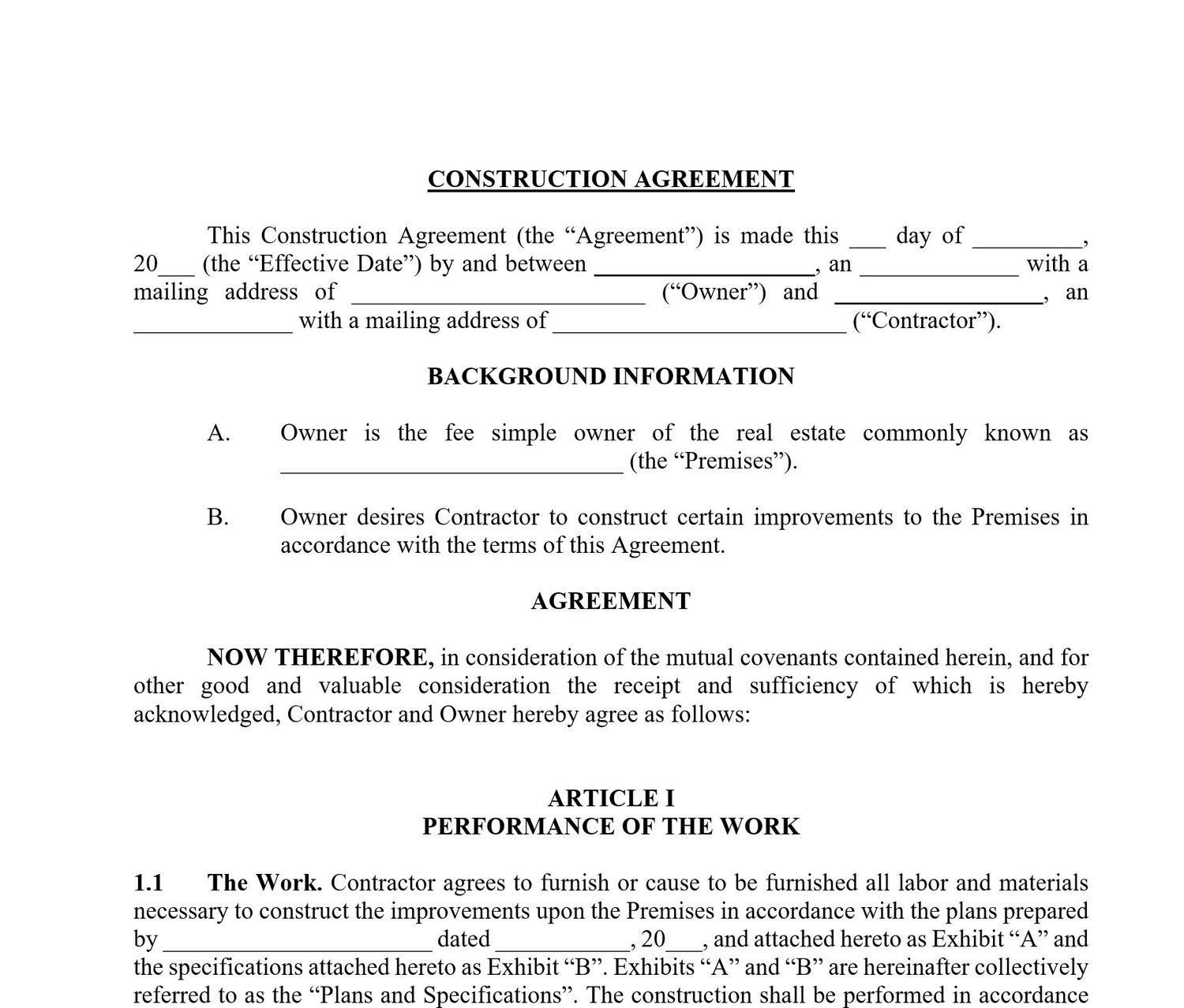 Residential Construction Contract Template Free