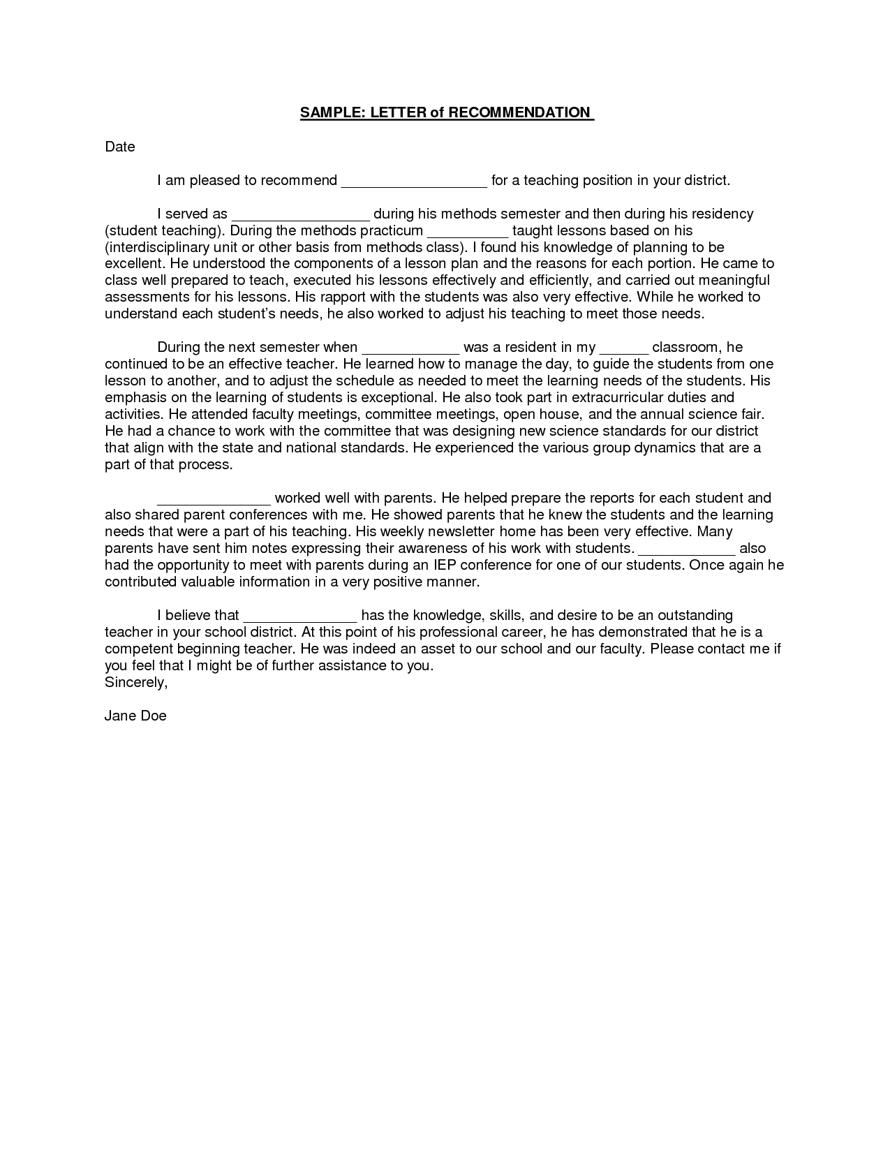 Student Recommendation Letter From Teacher
