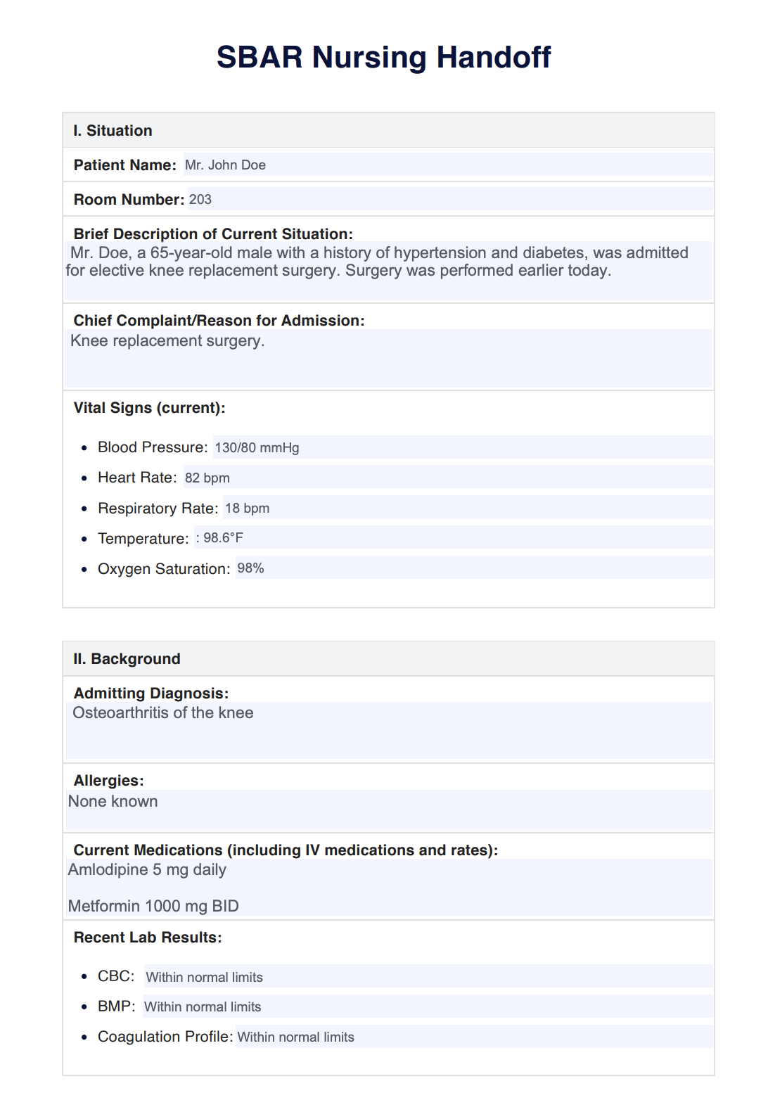 SBAR Nursing Handoff Template Example Free PDF Download
