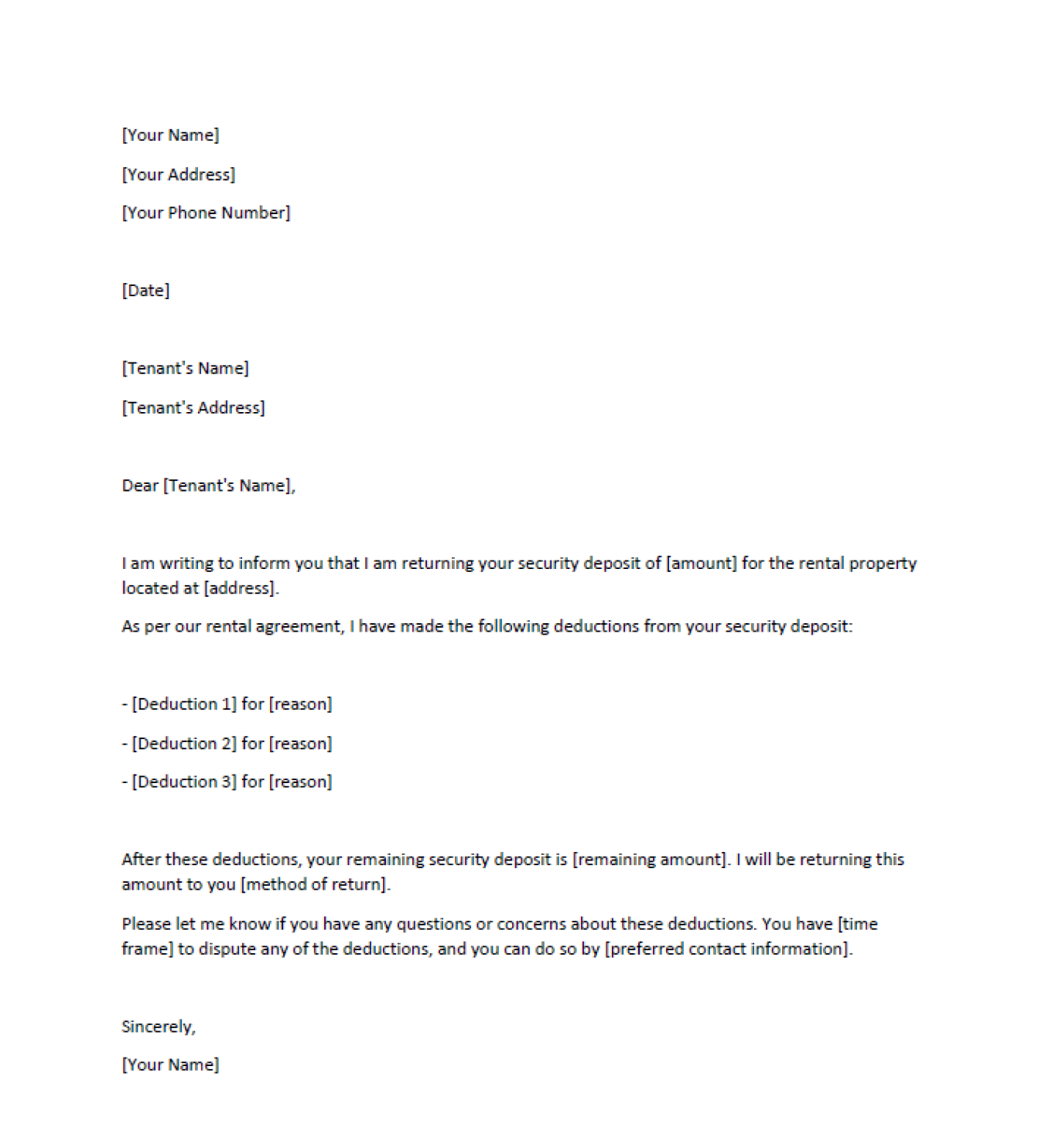 Security Deposit Return Letter Pdf