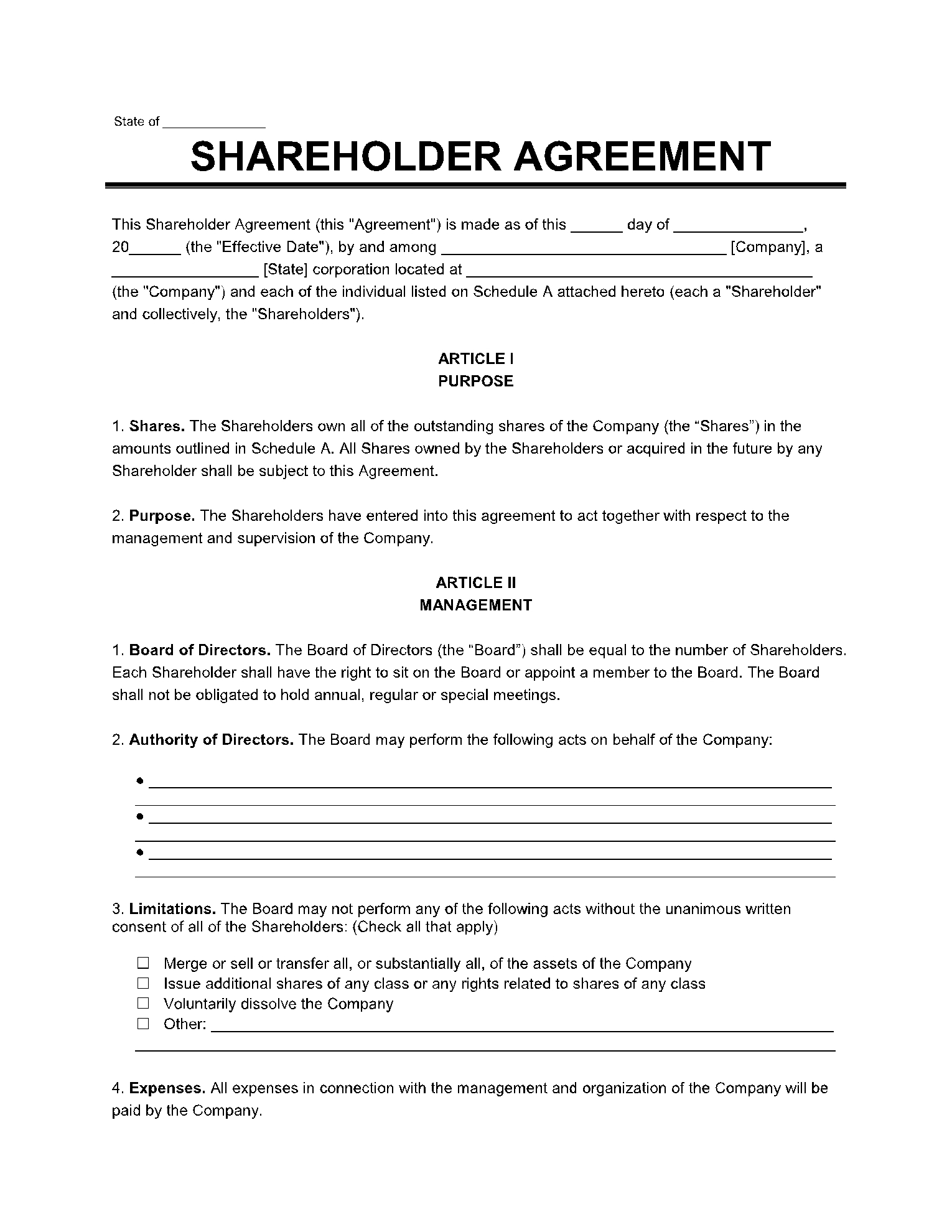 Free Shareholders Agreement Template Word