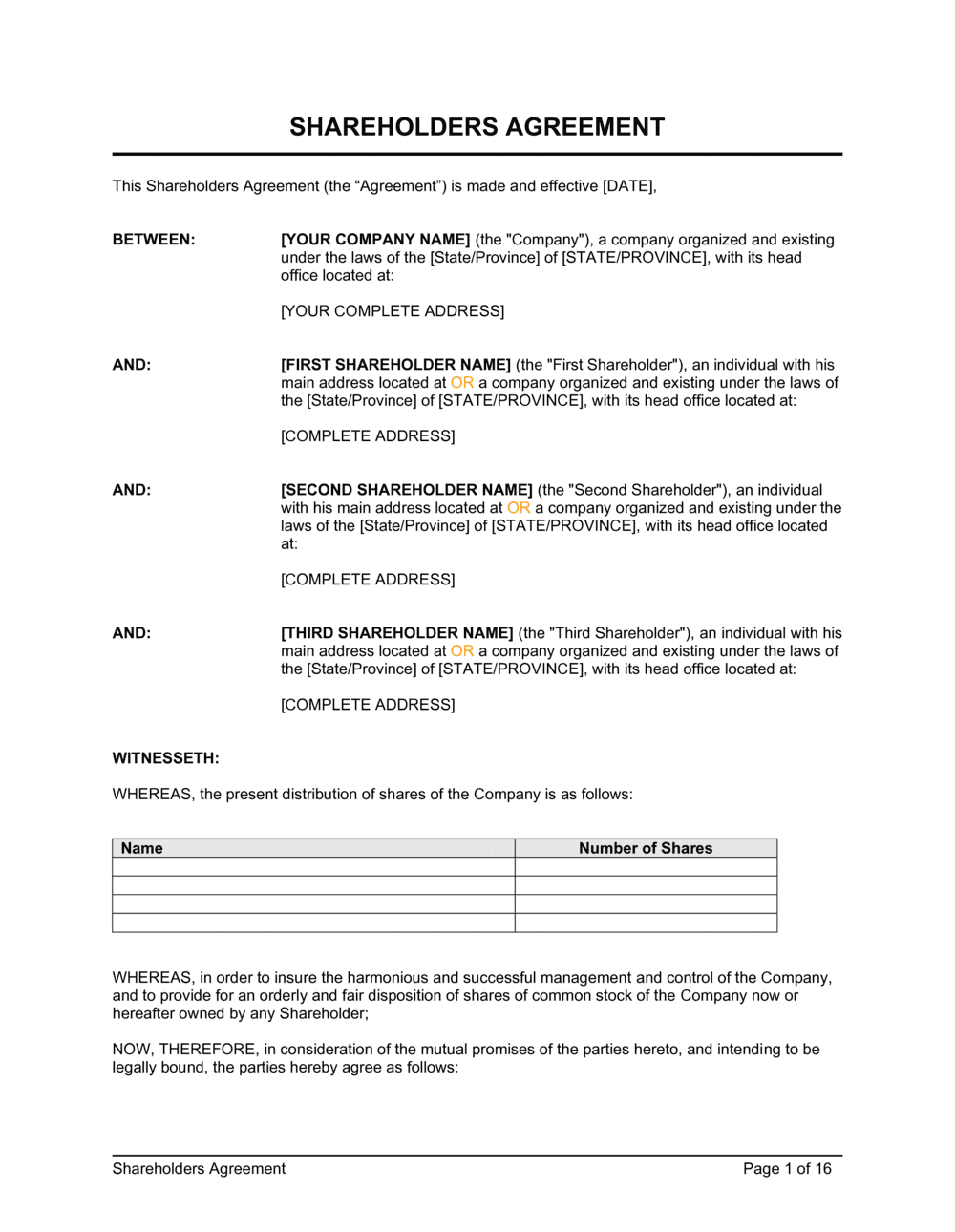 Shareholders Agreement Template Business in a Box 