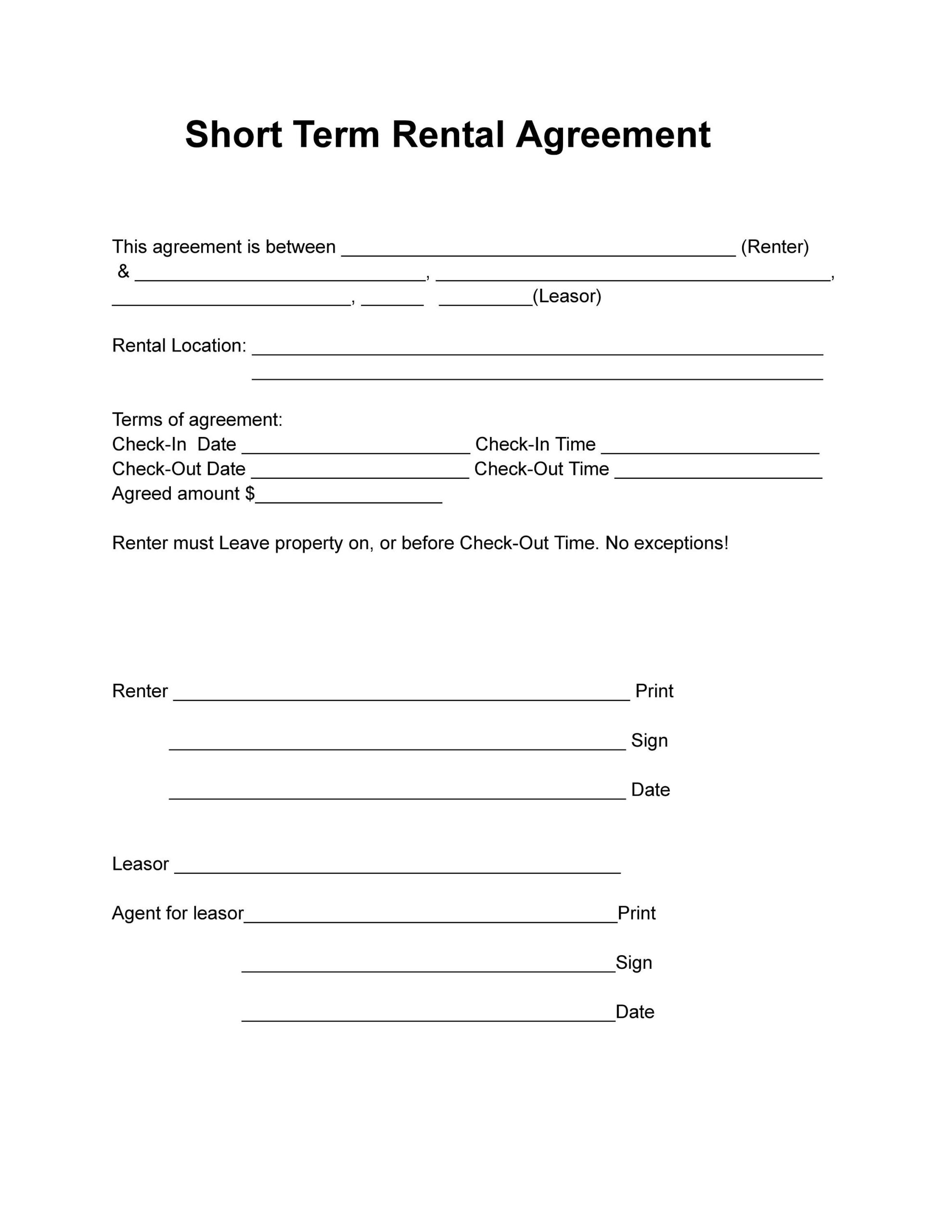 Short Term Rental Contract Template