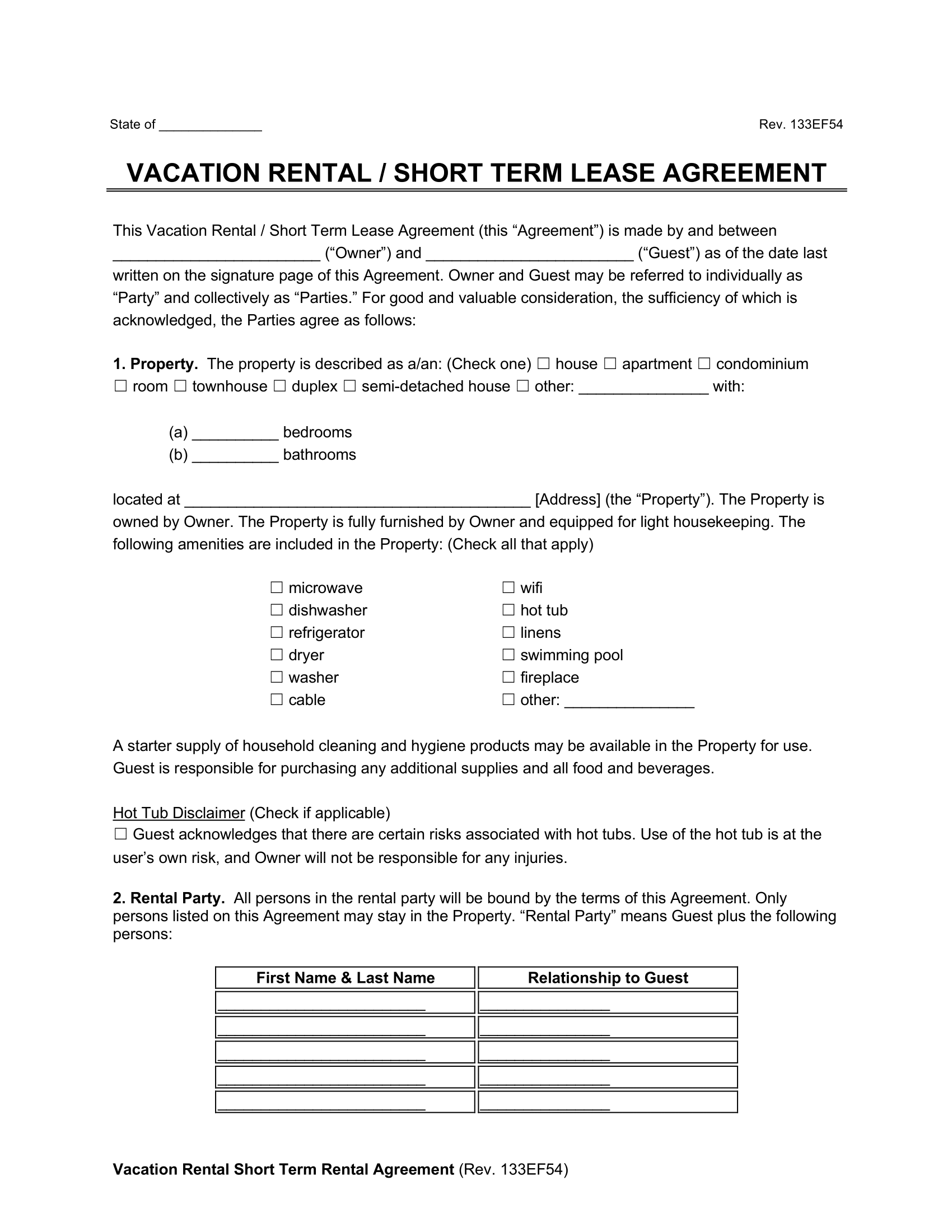 Short Term Vacation Rental Agreement Word PDF 