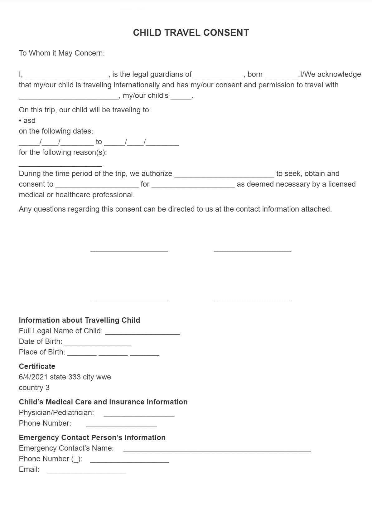 SignSimpli Child Travel Consent Form