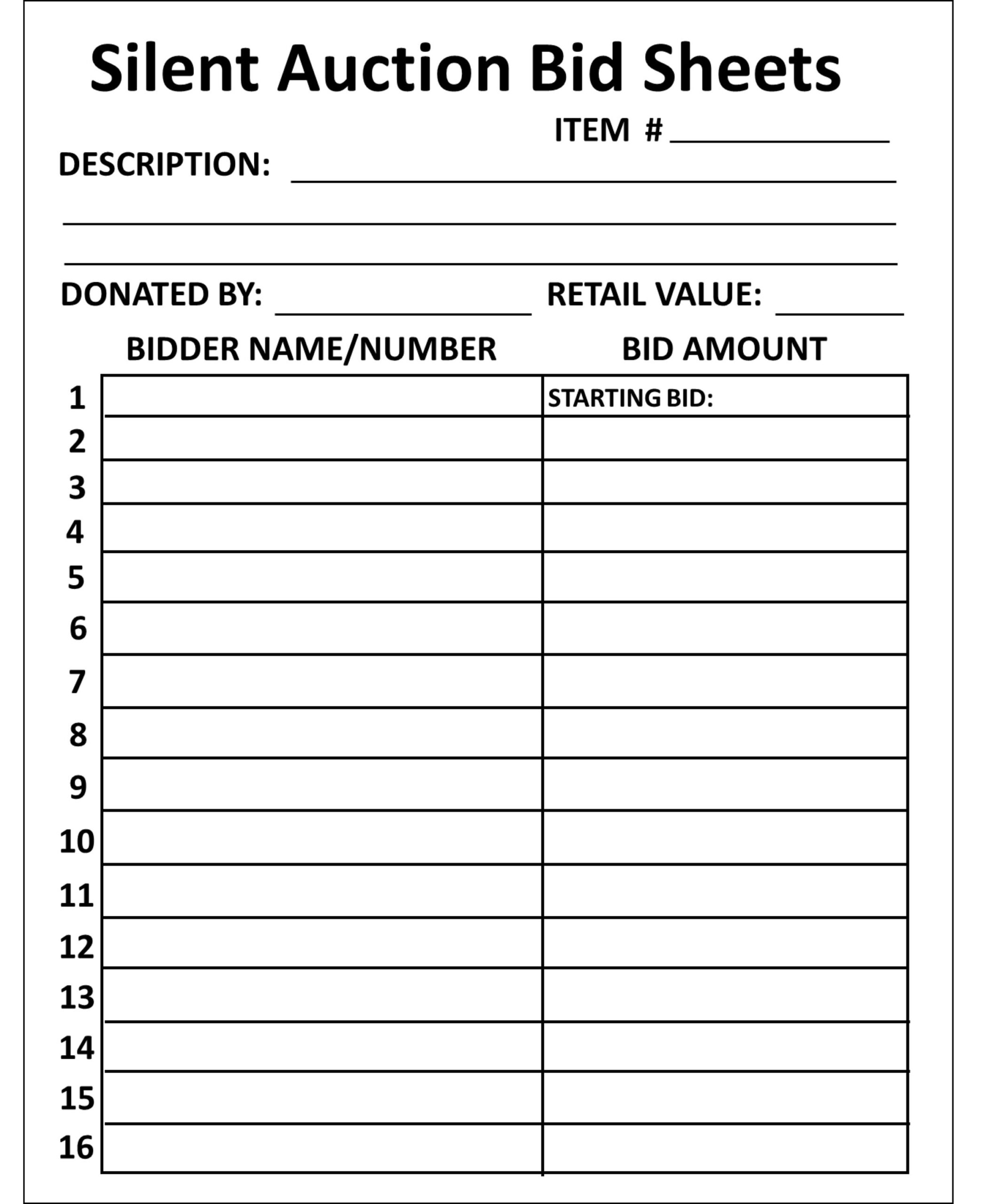 Silent Auction Bid Sheet PDF Instant Download Etsy