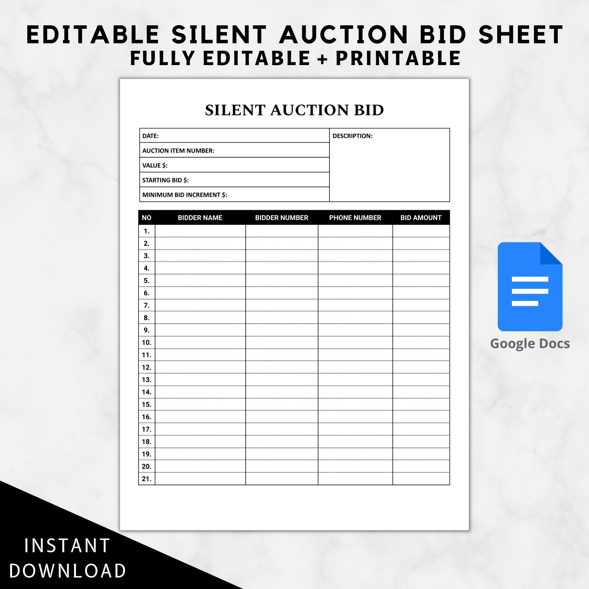 Silent Auction Bid Sheet Template Editable silent Auction Bid Sheets Downloadable Printable silent Auction Template auction Form Editable Etsy