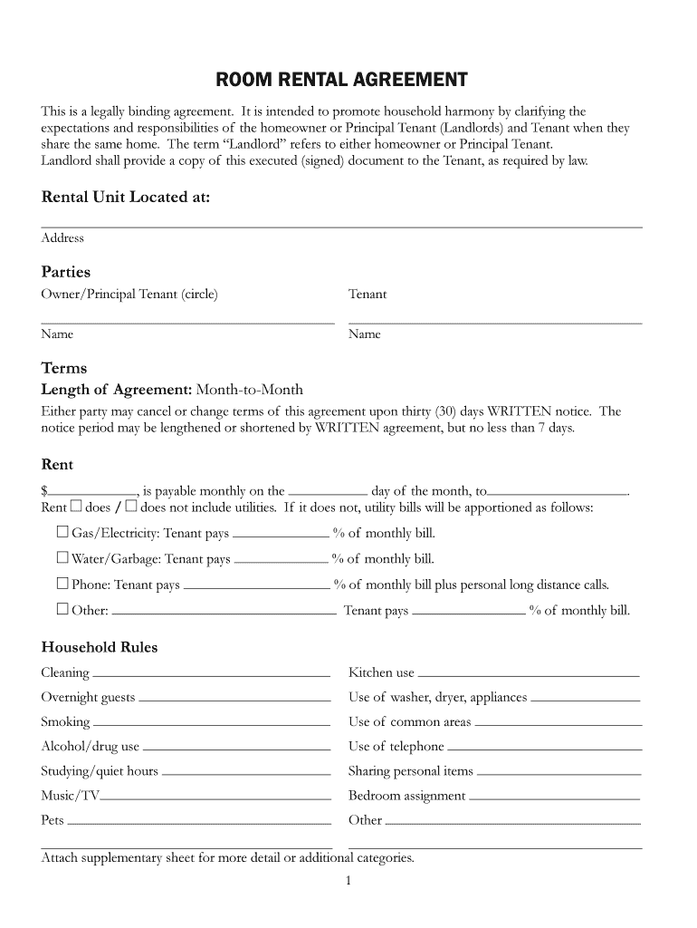 Simple One Page Room Rental Agreement Pdf Fill Online Printable Fillable Blank PdfFiller