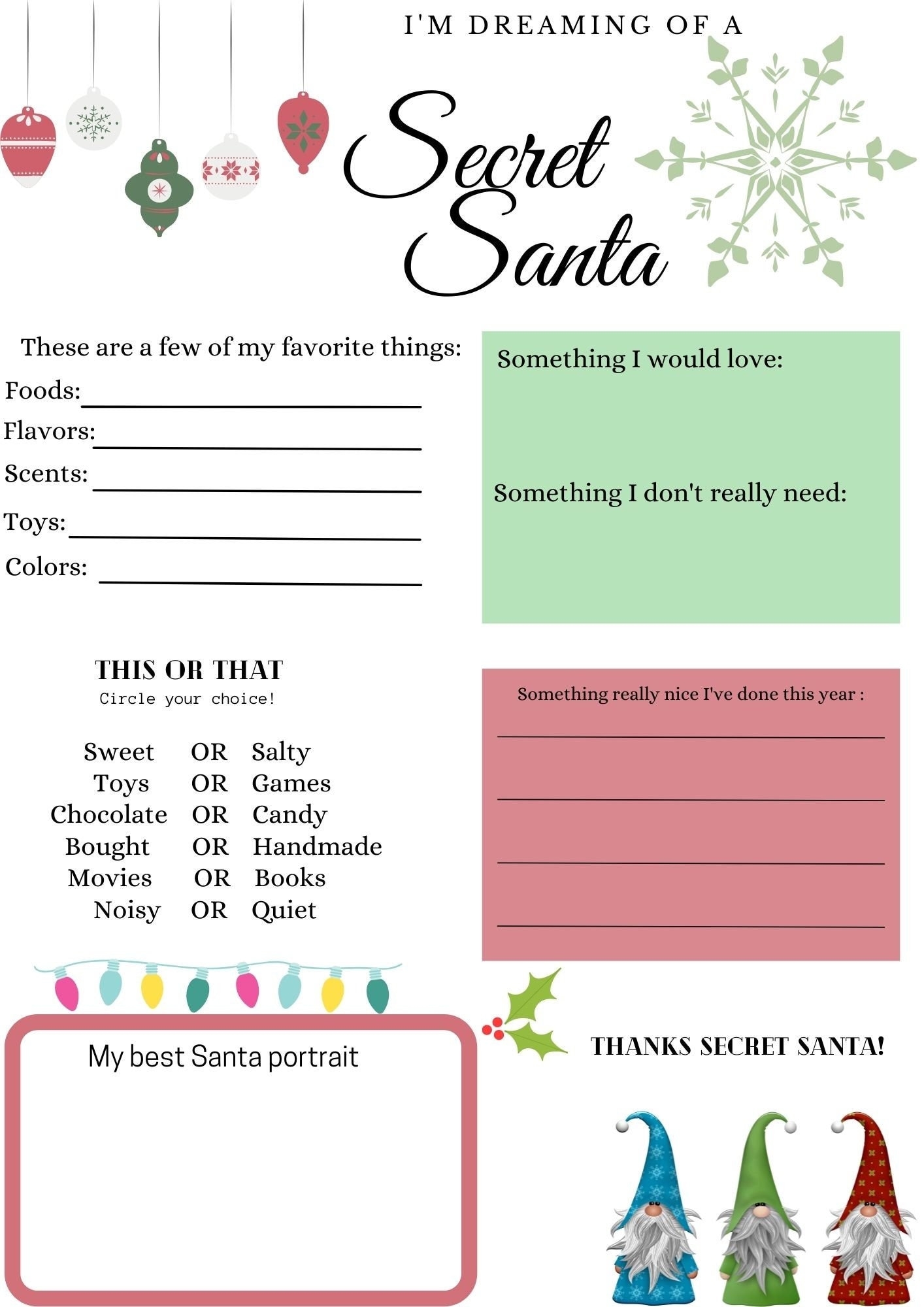 Simple Secret Santa Questionnaire For Kids Etsy