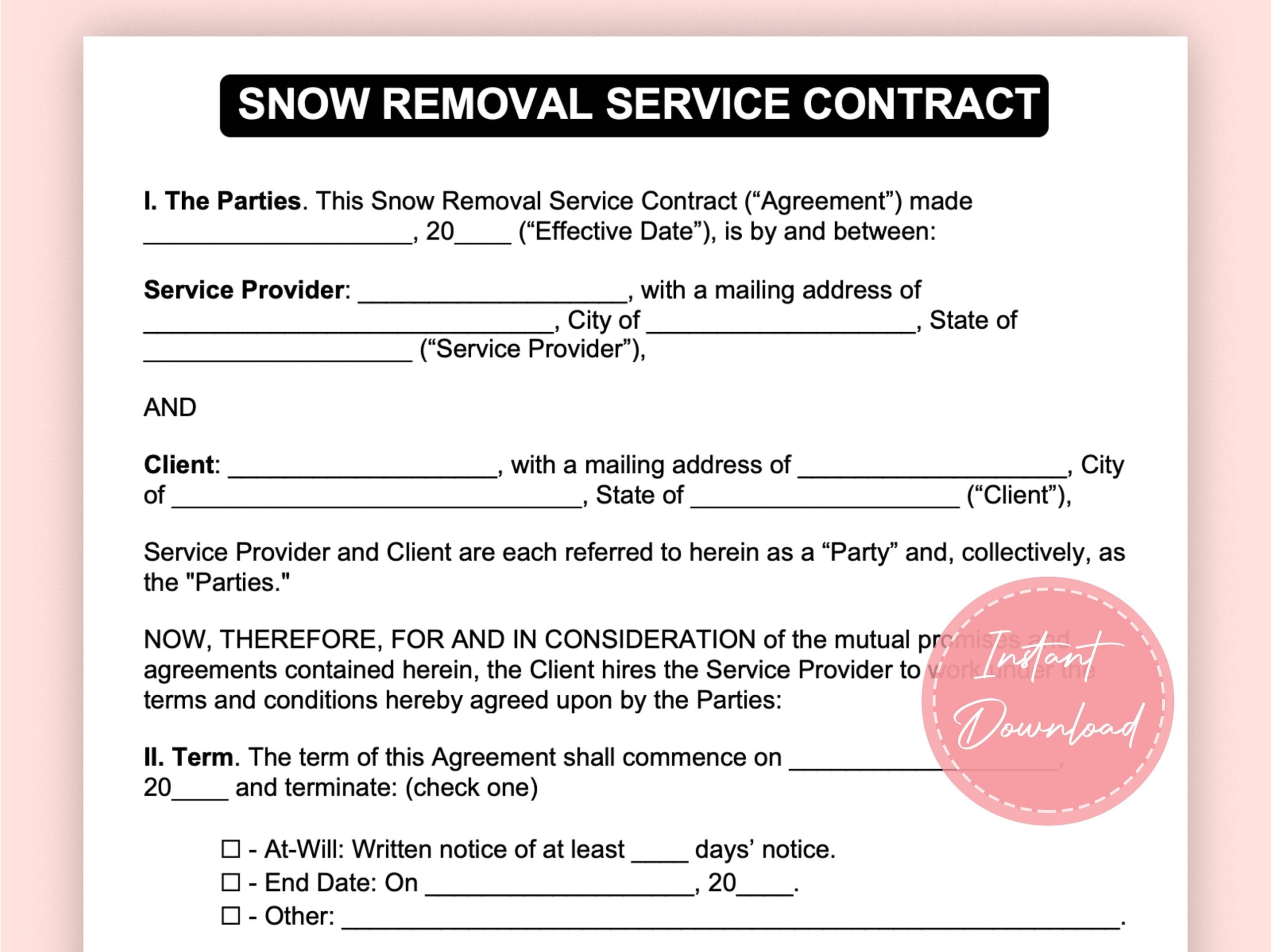 Contract For Snow Removal Services