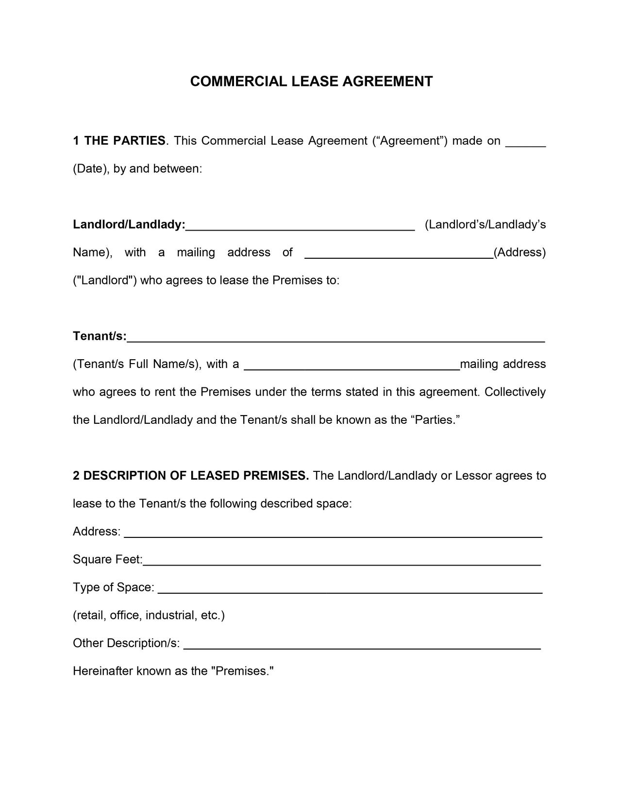 Printable Commercial Lease Agreement Template Free