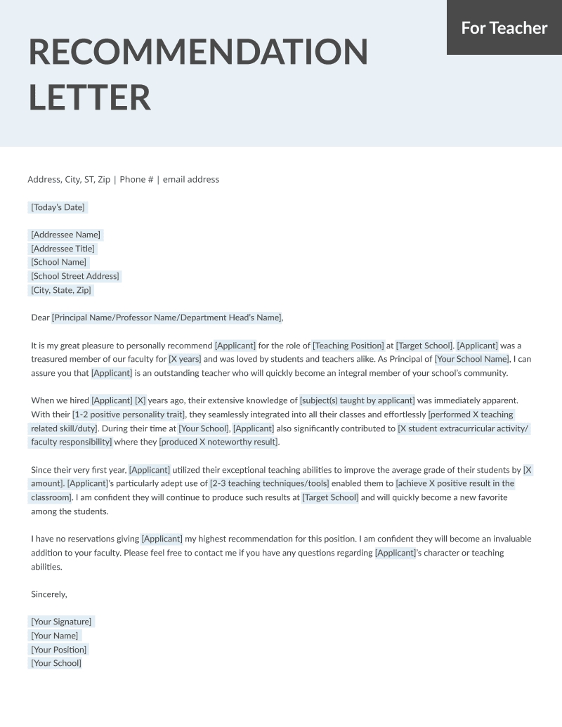 Student And Teacher Letter Of Recommendation Letter Samples