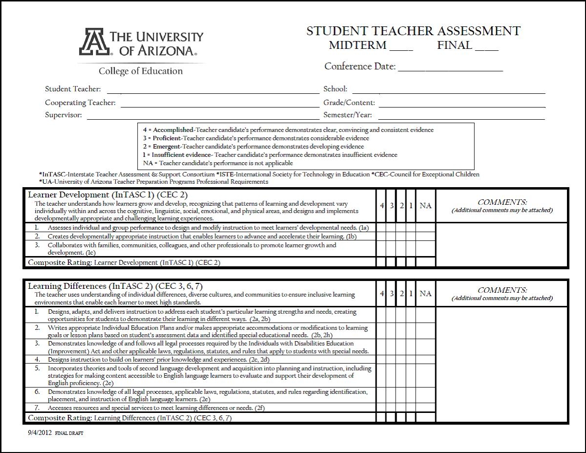 Student Teacher Evaluation Form College Of Education University Of Arizona