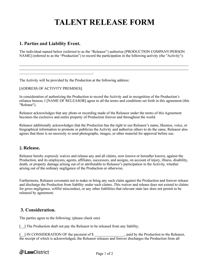 Talent Release Form Template Free PDF Word LawDistrict