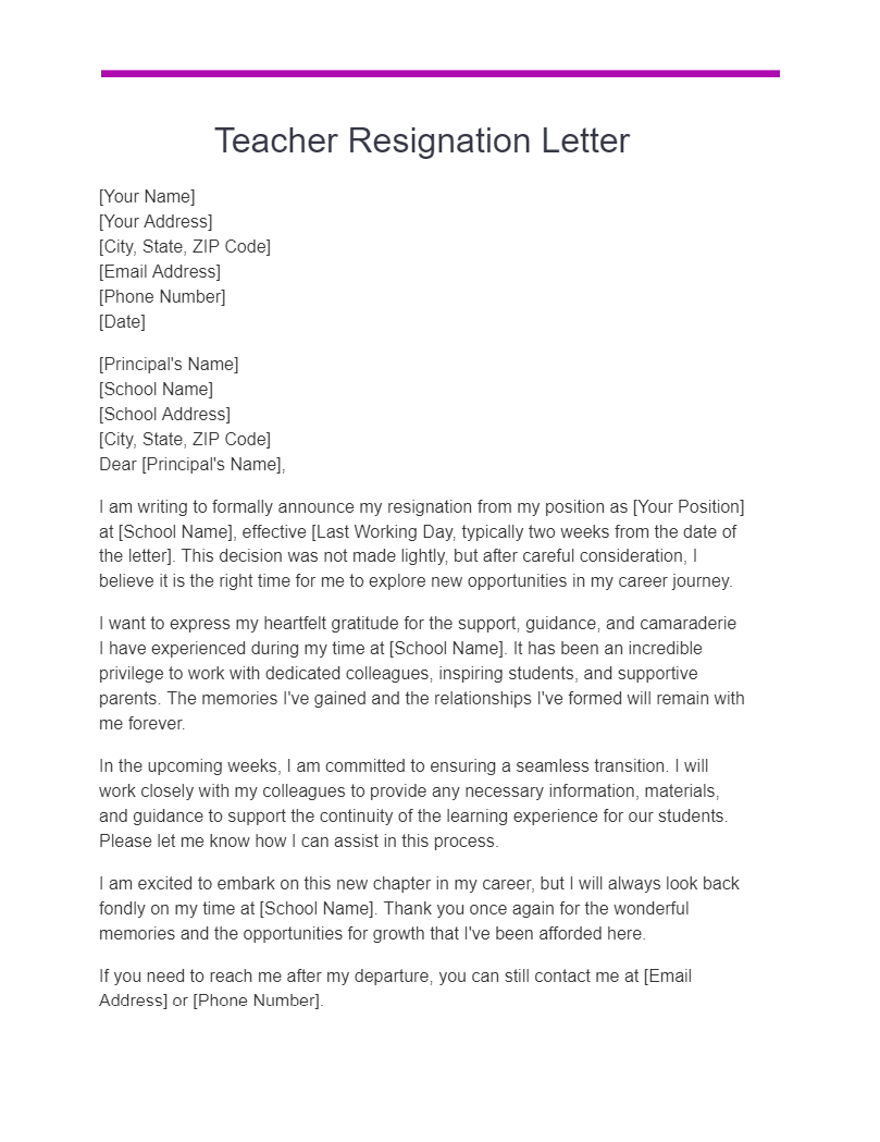 Teacher Resignation Letter To Principal For Personal Reasons