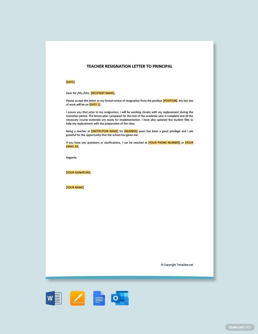 Teacher Resignation Letter To Principal In Google Docs Pages Word Outlook PDF Download Template
