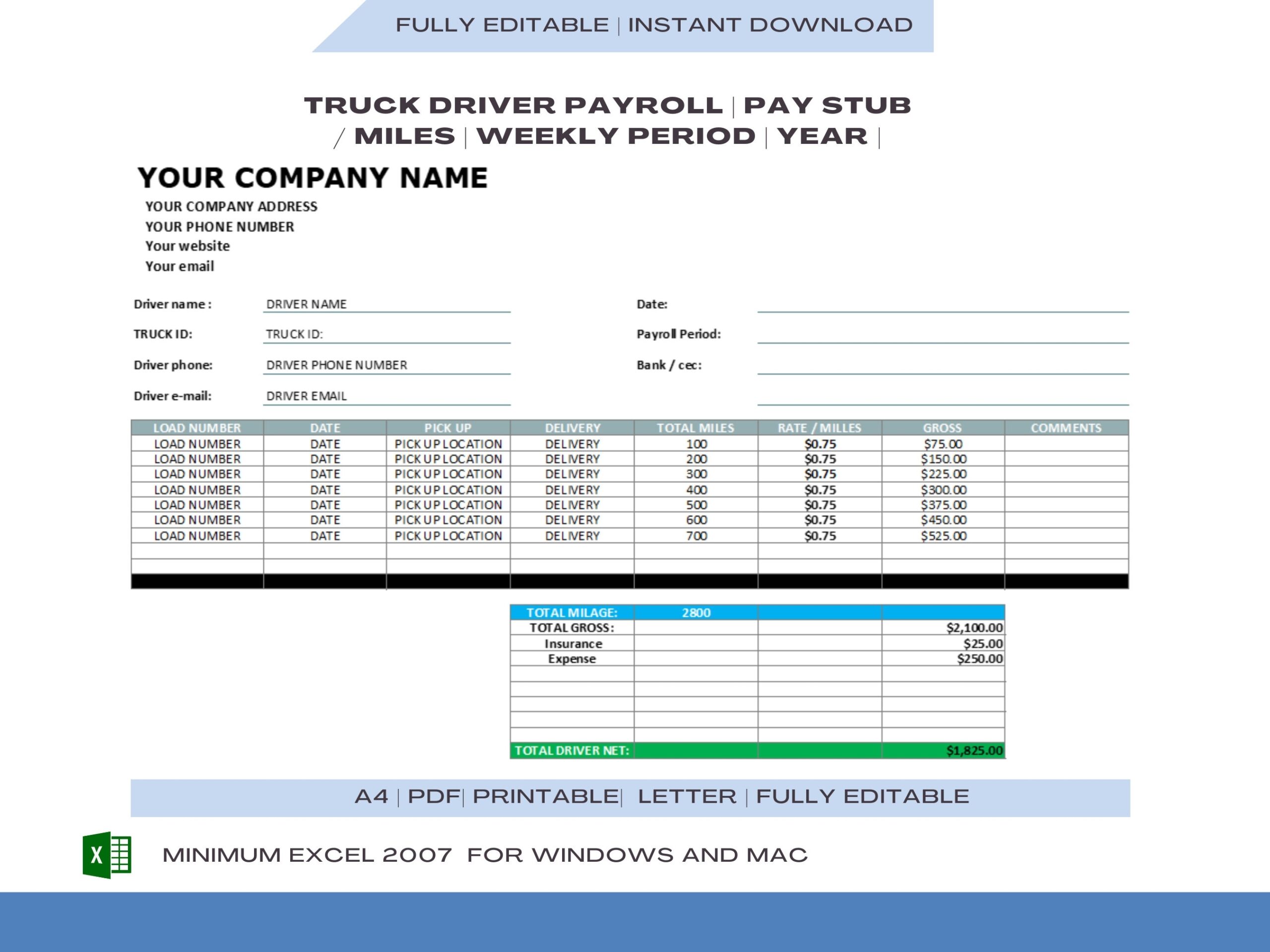 Truck Driver Pay Roll Earning Statement Template Pay Slip Creator For Truck Driver Mile Excel And Google Sheets Etsy