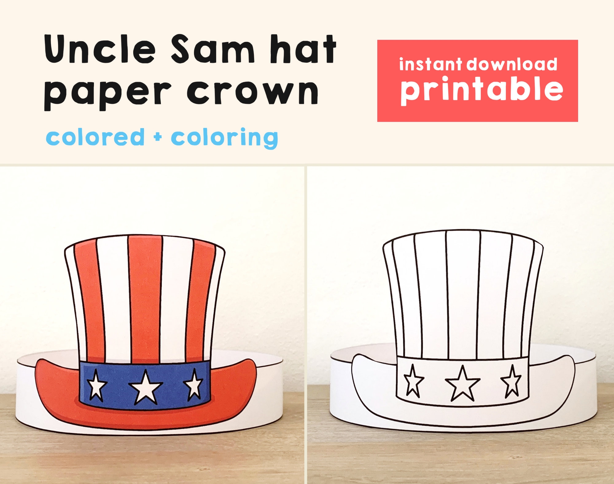 Uncle Sam Hat Paper Crown Party Coloring Printable Kids Craft America 4th July Party Favor Birthday Decor Pdf Costume DIY Instant Download Etsy